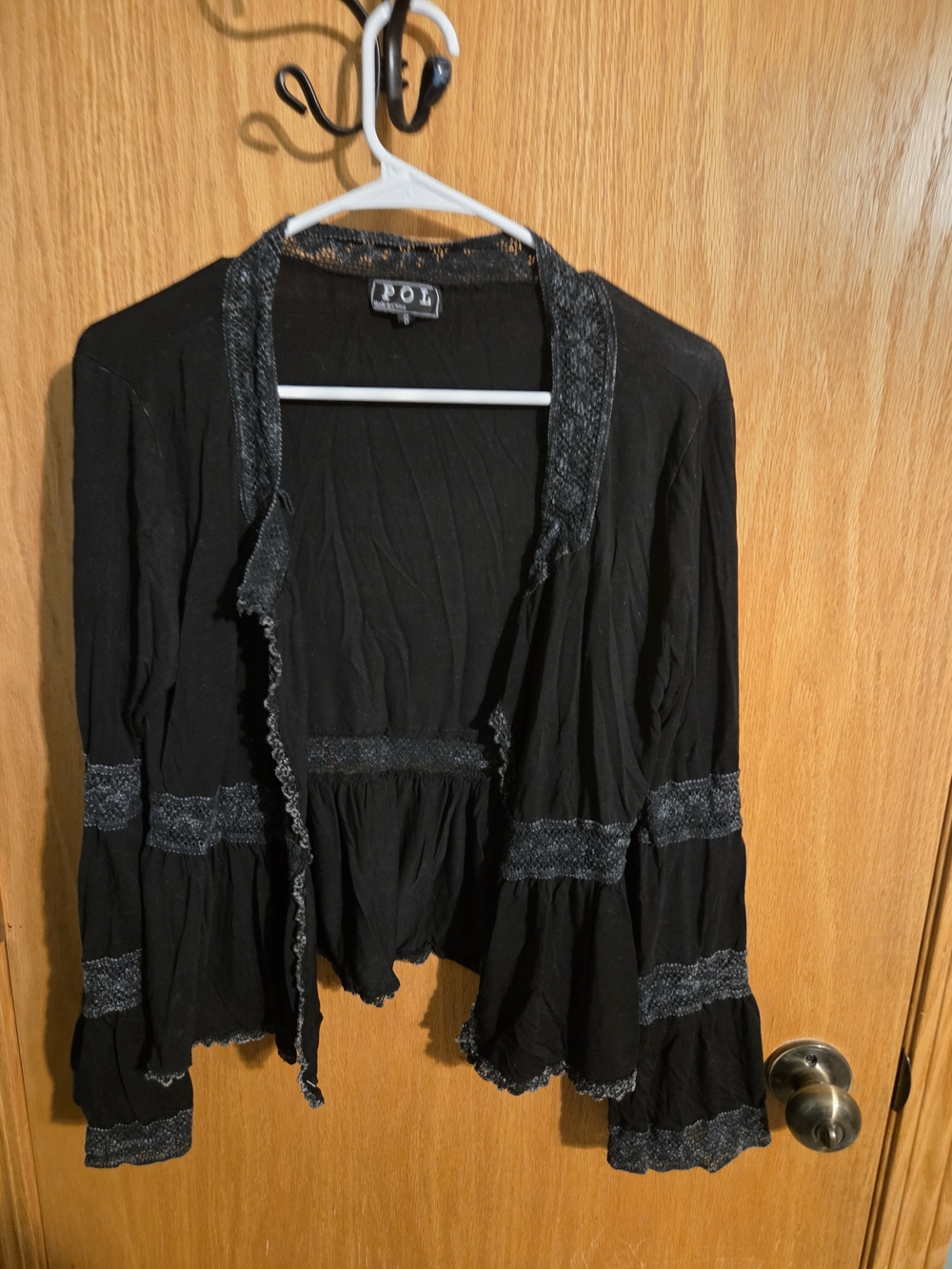 POL Black Open-Front Ruffle Trim Women's Tunic